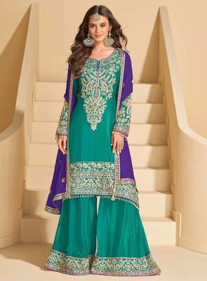 Blue chinnon straight palazzo suit with zari embroidery beads mirror & embellished work -Full Stitched Free size 1