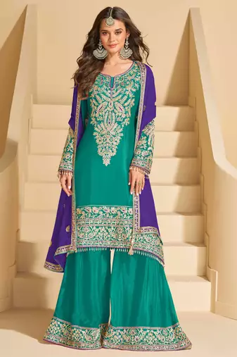 Blue chinnon straight palazzo suit with zari embroidery, beads, mirror & embellished work, free size up to 42"