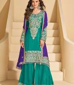 Blue chinnon straight palazzo suit with zari embroidery beads mirror & embellished work -Full Stitched Free size