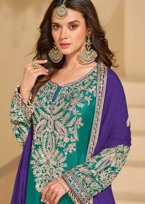 Blue chinnon straight palazzo suit with zari embroidery beads mirror & embellished work -Full Stitched Free size 2