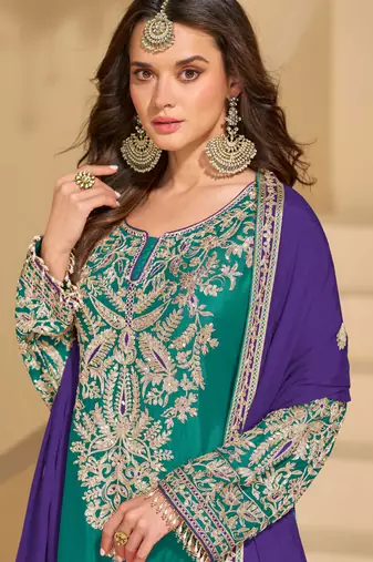 Blue chinnon straight palazzo suit with zari embroidery beads mirror & embellished work -Full Stitched Free size