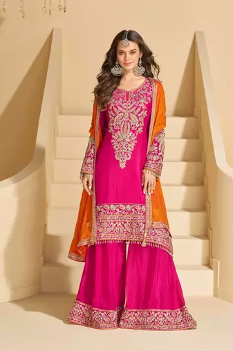 Rani pink chinnon straight palazzo suit with zari embroidery, beads, mirror & embellished work, free size up to 42"