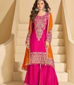 Rani pink chinnon straight palazzo suit with zari embroidery beads mirror & embellished work -Full Stitched Free size
