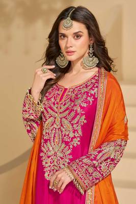 Rani pink chinnon straight palazzo suit with zari embroidery beads mirror & embellished work -Full Stitched Free size 2