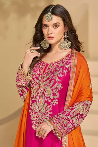 Rani pink chinnon straight palazzo suit with zari embroidery beads mirror & embellished work -Full Stitched Free size