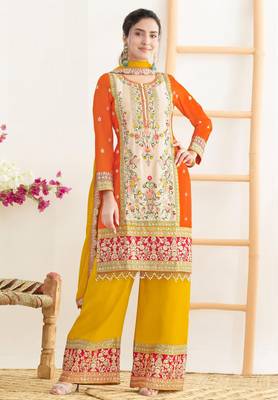 Orange & pink chinnon straight palazzo suit with dabka dori, sequins & handmade mirror work, free size up to 42" 1