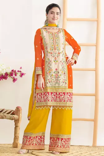 Orange & pink chinnon straight palazzo suit with dabka dori, sequins & handmade mirror work, free size up to 42"