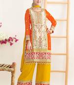 Orange & pink chinnon straight palazzo suit with dabka dori, sequins & handmade mirror work, free size up to 42"