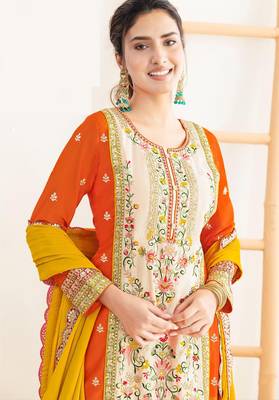 Orange & pink chinnon straight palazzo suit with dabka dori, sequins & handmade mirror work, free size up to 42" 2