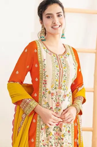 Orange & pink chinnon straight palazzo suit with dabka dori, sequins & handmade mirror work, free size up to 42"