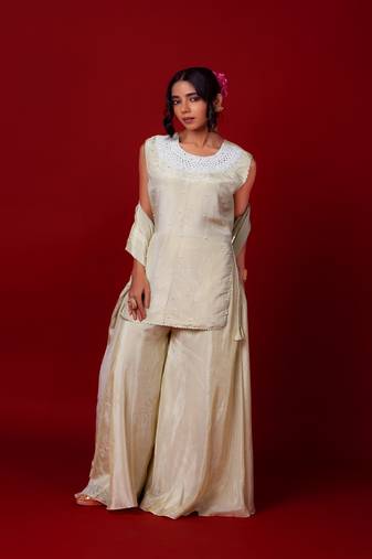 Ivory embroidered tissue sharara