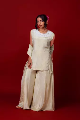 Ivory embroidered tissue sharara