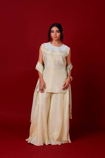 Ivory embroidered tissue sharara