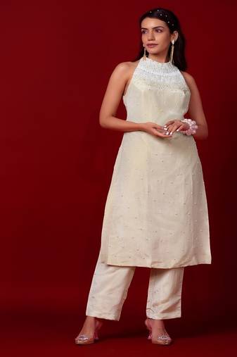 Ivory embroidered tissue kurta set