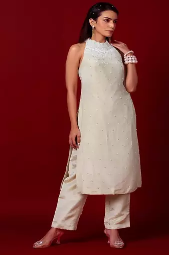 Ivory embroidered tissue kurta set