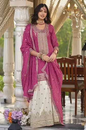Pink embroidered chinon free size stitched palazzo style salwar suit