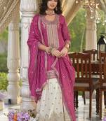 Pink embroidered chinon free size stitched palazzo style salwar suit