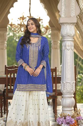 Purple embroidered chinon free size stitched palazzo style salwar suit