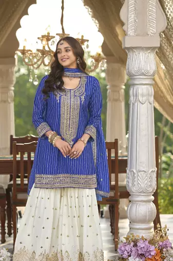 Purple embroidered chinon free size stitched palazzo style salwar suit