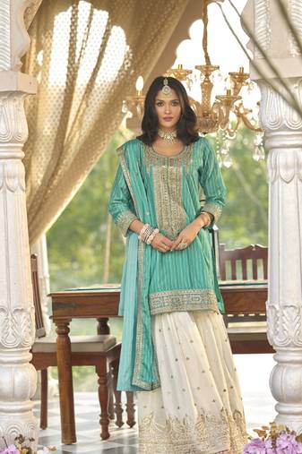 Sea green embroidered chinon free size stitched palazzo style salwar suit
