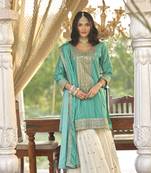 Sea green embroidered chinon free size stitched palazzo style salwar suit