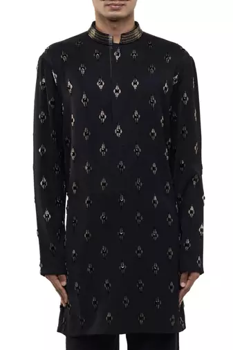 Black embroidered cotton kurta set