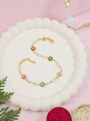 Gold plated floral design snake bracelet with pearls for women  1