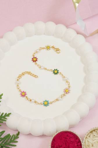 Gold plated floral design snake bracelet with pearls for women 