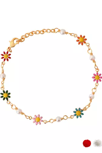 Gold plated floral design snake bracelet with pearls for women 