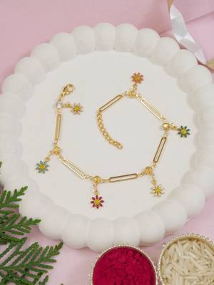 Gold plated crystal & floral charm design snake bracelet for women  1