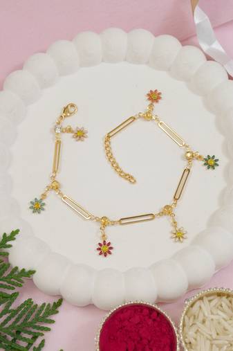 Gold plated crystal & floral charm design snake bracelet for women (adb562)