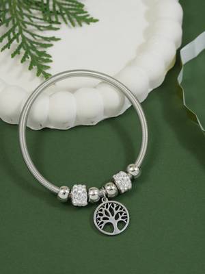 Adjustable tree of life charm design snake bracelet in silver tone for women  1