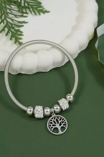 Adjustable tree of life charm design snake bracelet in silver tone for women 