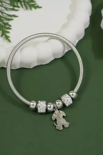 Adjustable dog charm design snake bracelet in silver tone for women 