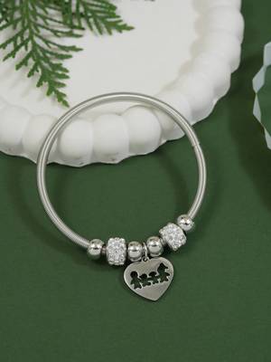 Adjustable heart charm design snake bracelet with family motif in silver tone for women  1