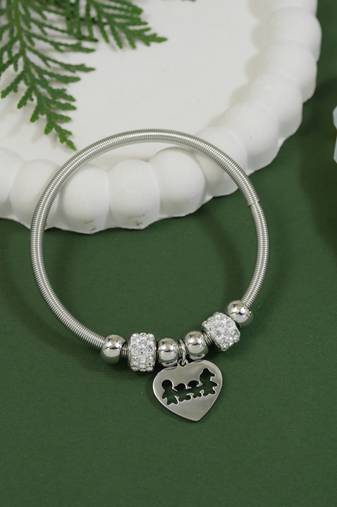 Adjustable heart charm design snake bracelet with family motif in silver tone for women (adb567)