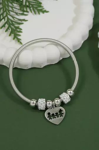 Adjustable heart charm design snake bracelet with family motif in silver tone for women 