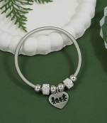 Adjustable heart charm design snake bracelet with family motif in silver tone for women 