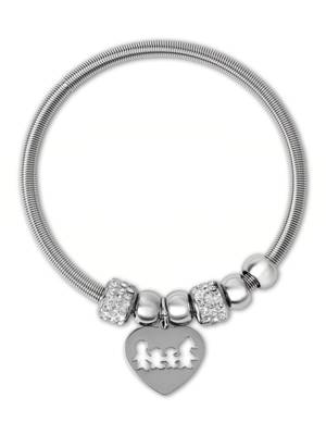 Adjustable heart charm design snake bracelet with family motif in silver tone for women  2