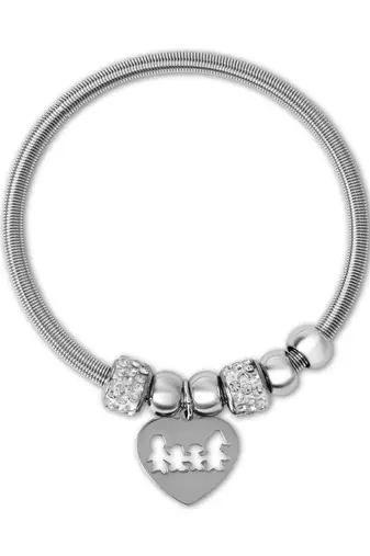 Adjustable heart charm design snake bracelet with family motif in silver tone for women 