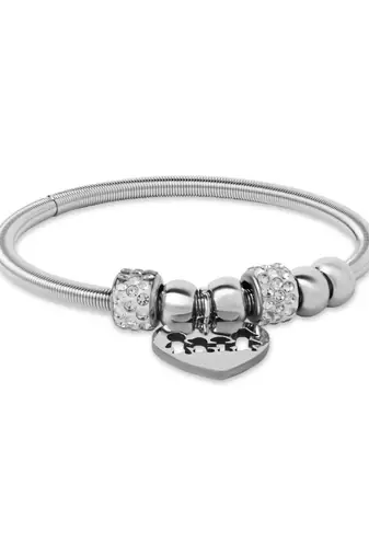 Adjustable heart charm design snake bracelet with family motif in silver tone for women 