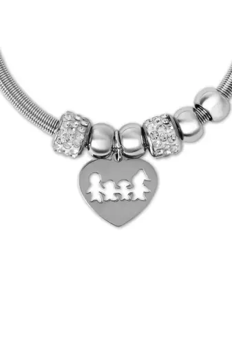 Adjustable heart charm design snake bracelet with family motif in silver tone for women 