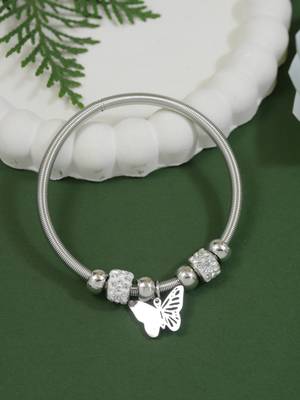 Adjustable butterfly charm design snake bracelet in silver tone for women  1