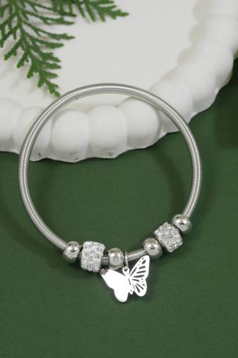 Adjustable butterfly charm design snake bracelet in silver tone for women (adb569)
