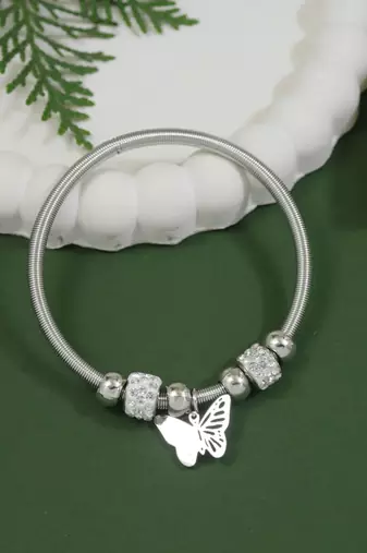 Adjustable butterfly charm design snake bracelet in silver tone for women 