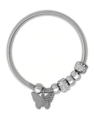 Adjustable butterfly charm design snake bracelet in silver tone for women  2