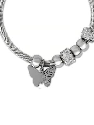 Adjustable butterfly charm design snake bracelet in silver tone for women  4