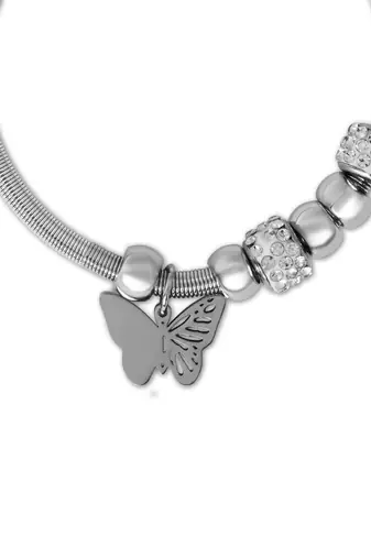 Adjustable butterfly charm design snake bracelet in silver tone for women 