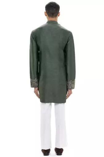 Green embroidered silk kurta set