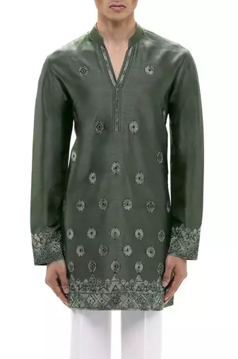 Green embroidered silk kurta set
